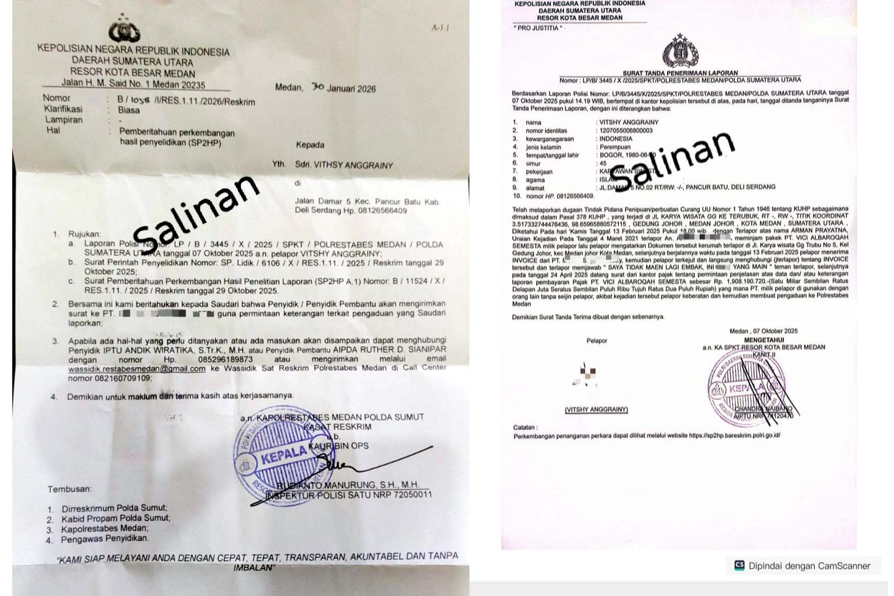 salinan Dugaan Penyalahgunaan Identitas PT di Sumut, Laporan Sejak Oktober 2025 Masih Tahap Penyelidikan